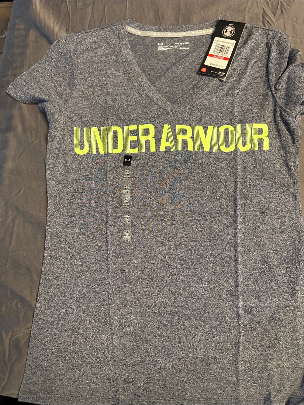 Under Armour Heathered Navy V-Neck Tee with Neon Yellow Logo